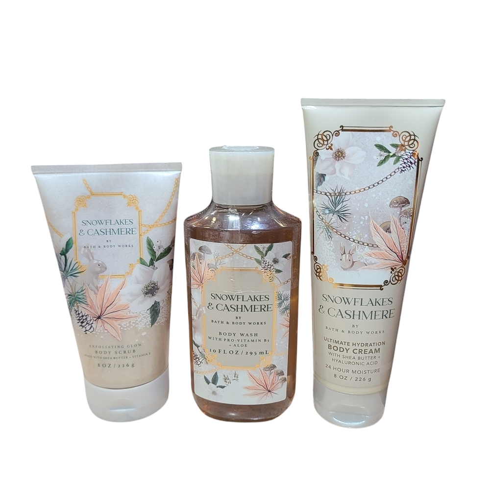SNOWFLAKES & CASHMERE BATH & BODY SET BODY WASH, CREAM, SCRUB